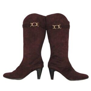 Predictions Brown Faux Suede Knee High Buckle Heel Boots